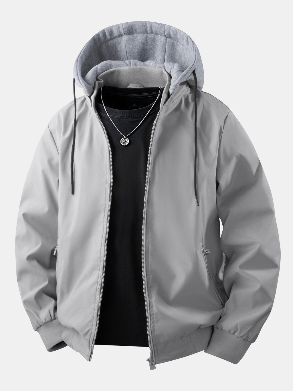Men's Relaxed Hooded Bomber Jacket – Detachable Drawstring Hood with Zip-Up Front and Ribbed Trims for Casual Autumn Wear
