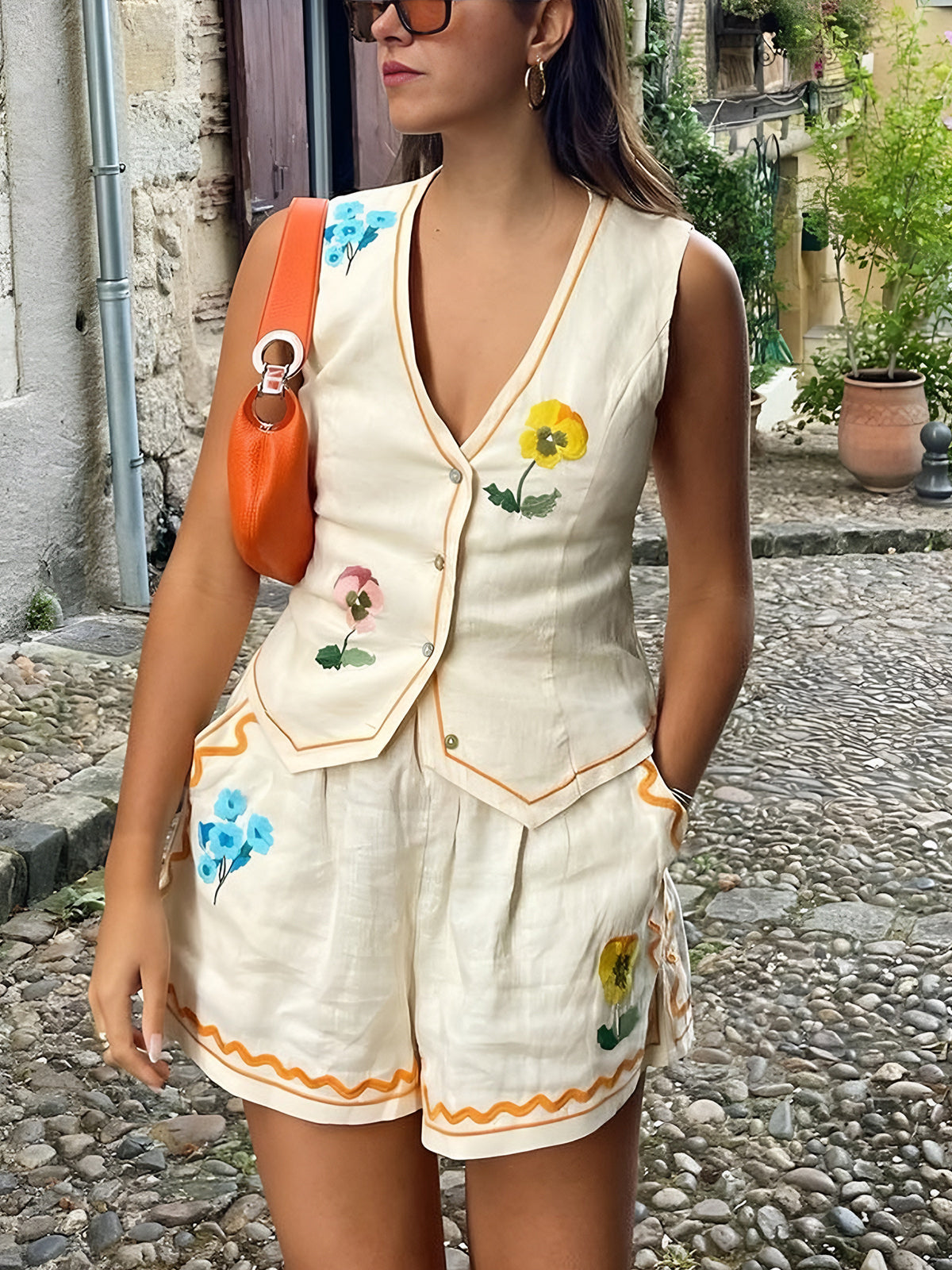 Women's Printed Two-Piece Summer Shorts Set – Sleeveless V Neck Button Front Waistcoat and High Waisted Tailored Shorts for Elegant Holiday Wear