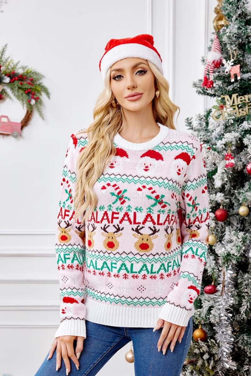 Loose-Fit Crew Neck Christmas Cartoon Knit Sweater Pink