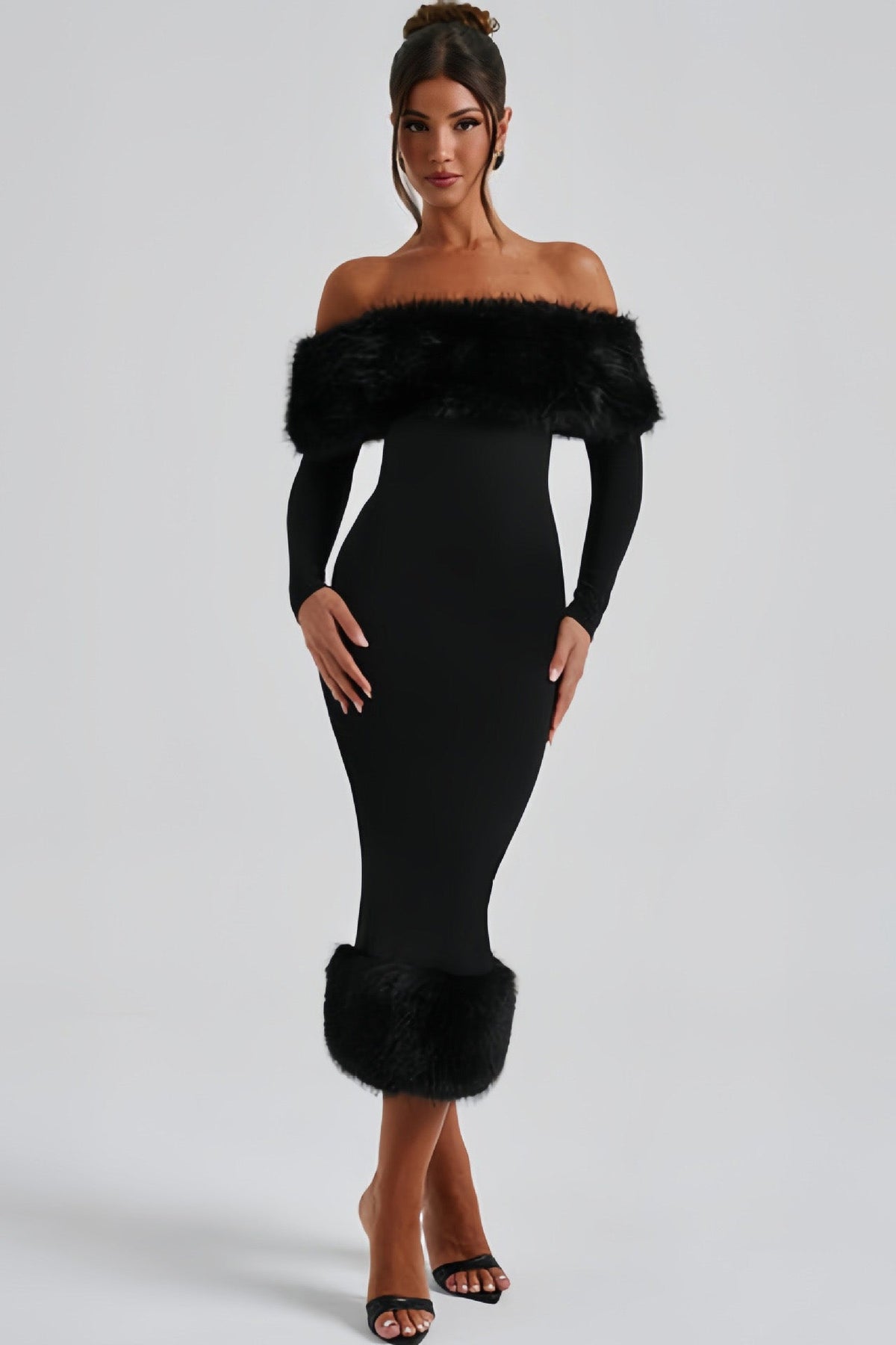 Refined One-Shoulder Fur Collar Slim Midi Dresses