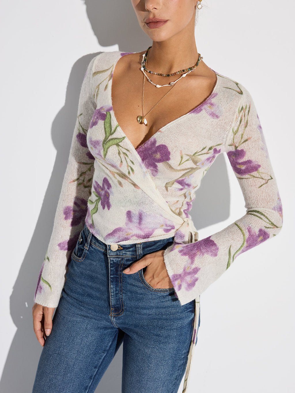 Women's Elegant Printed Wrap Knit Blouse with V Neck and Side Tie – Fitted Long Sleeve Top for Spring and Summer Smart Casual Wear