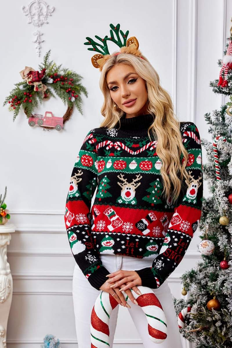 High Neck Christmas Snowman Embroidery Knit Sweater