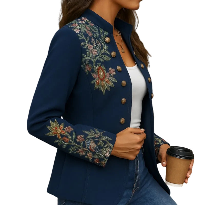 Women's Floral Print Longline Jacket with Decorative Buttons – Relaxed Mandarin Collar Lightweight Jacket with Flap Pocket Details for Spring and Autumn