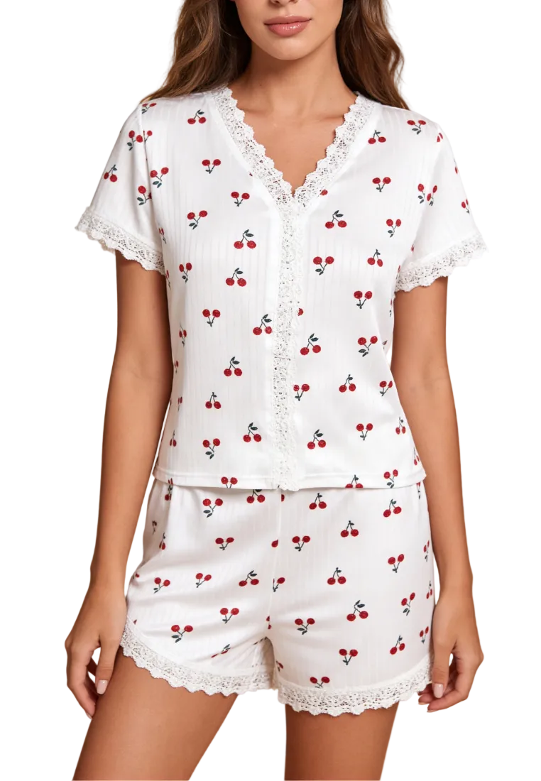 Women's Printed Lace Trim Two-Piece Pyjama Set – Short Sleeve Button Front Top and Matching Shorts for Comfortable Summer Sleepwear