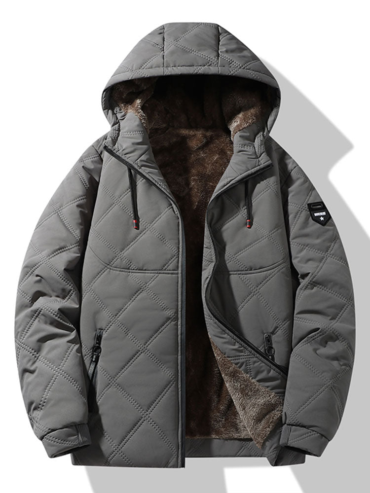Men's Faux Fur-Lined Quilted Winter Jacket – Warm Hooded Zip-Up Coat with Pockets for Cold Weather and Outdoor Wear
