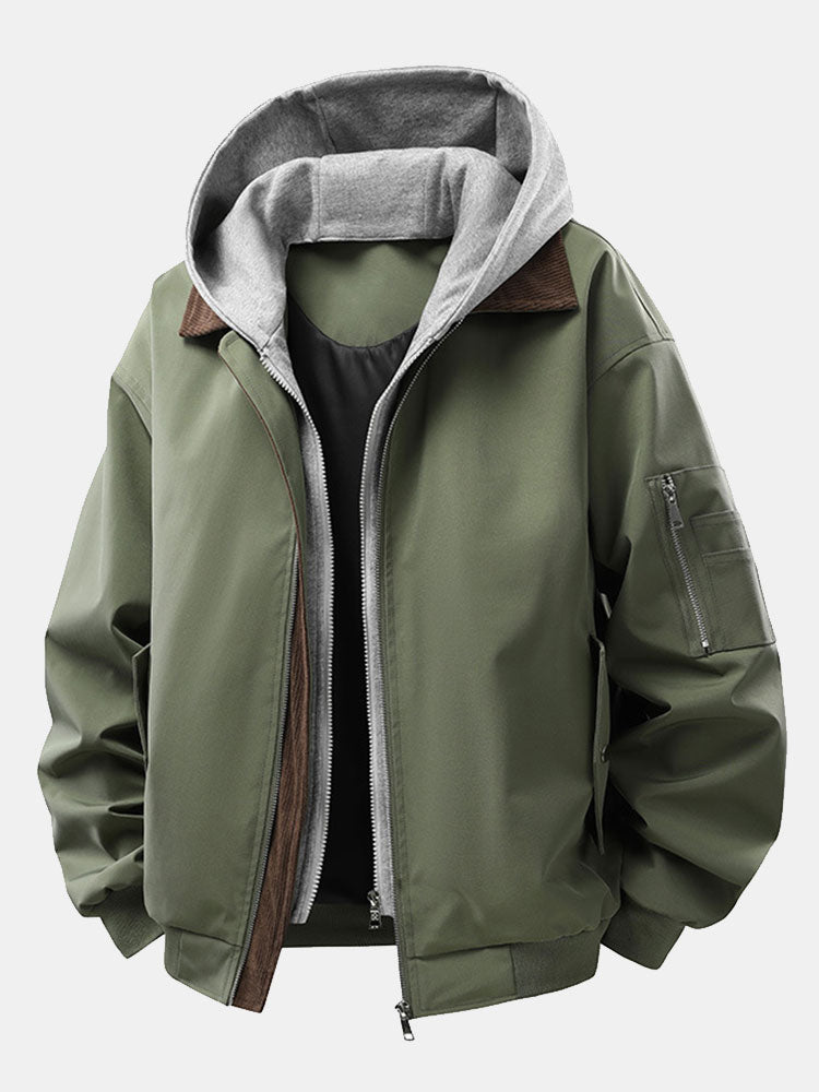 Men's Relaxed Fit Bomber Jacket with Detachable Hood – Contrast Corduroy Collar and Zip-Up Casual Outerwear for Spring and Autumn