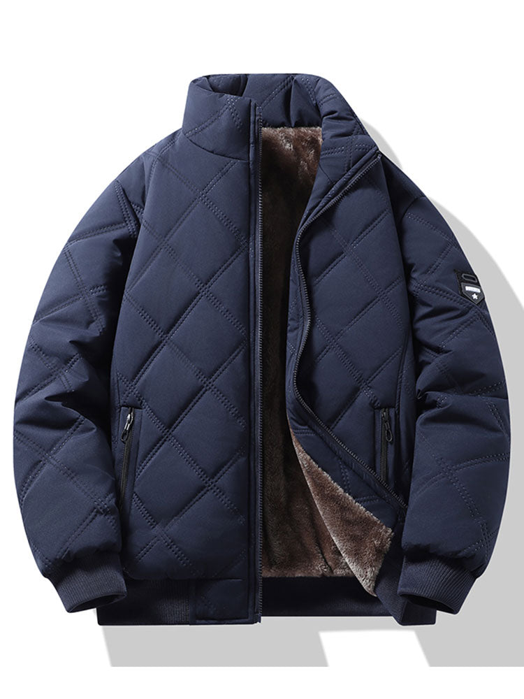 Men's Faux Fur-Lined Quilted Winter Jacket – Padded Stand Collar Zip-Up Coat with Warm Insulation and Zipped Pockets