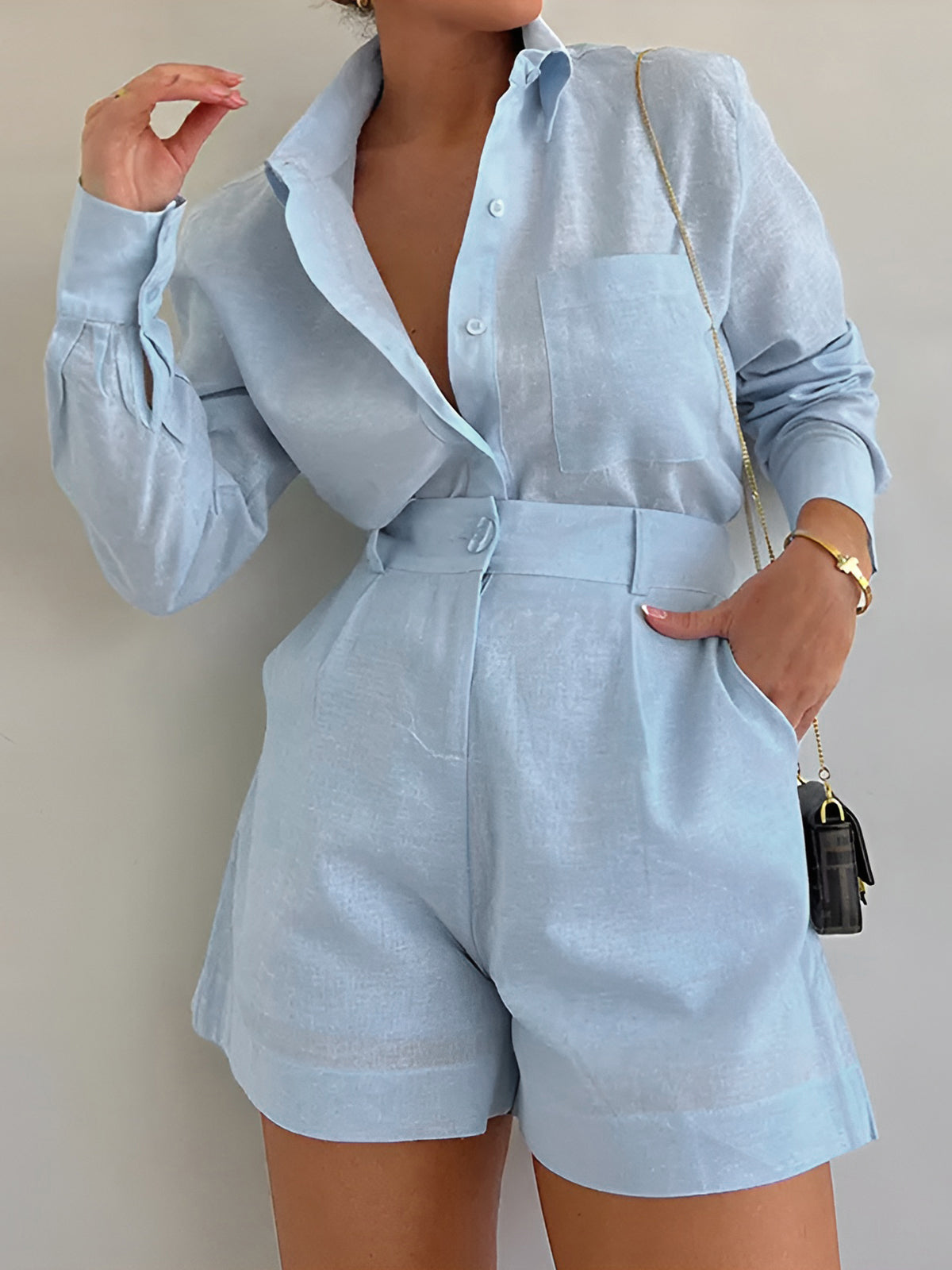 Women's Cotton Two-Piece Summer Set – Relaxed Long Sleeve Button Front Shirt and High Waisted Pleated Shorts for Smart Casual Wear