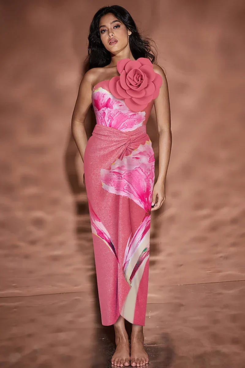 3D Flower Pink Print Swimwear Set
