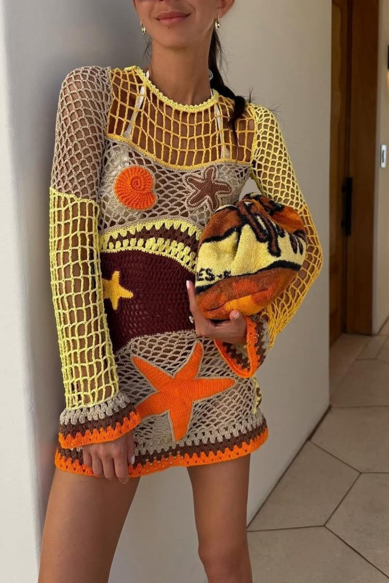 Coral Reef-Inspired Pattern Crochet Mini-Length Dress