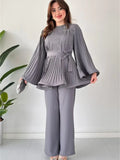 Women's Pleated Long-Sleeve Tunic and Wide-Leg Trousers Set with Tie Waist – Elegant Two-Piece Outfit for Smart Casual Occasions