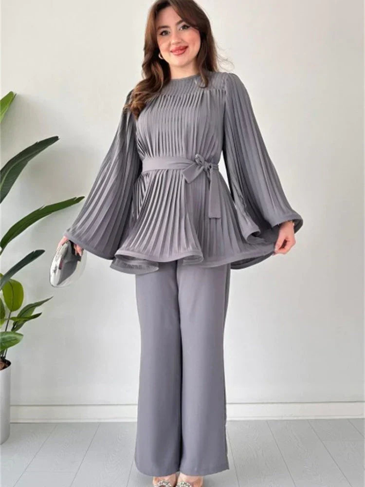 Women's Pleated Long-Sleeve Tunic and Wide-Leg Trousers Set with Tie Waist – Elegant Two-Piece Outfit for Smart Casual Occasions