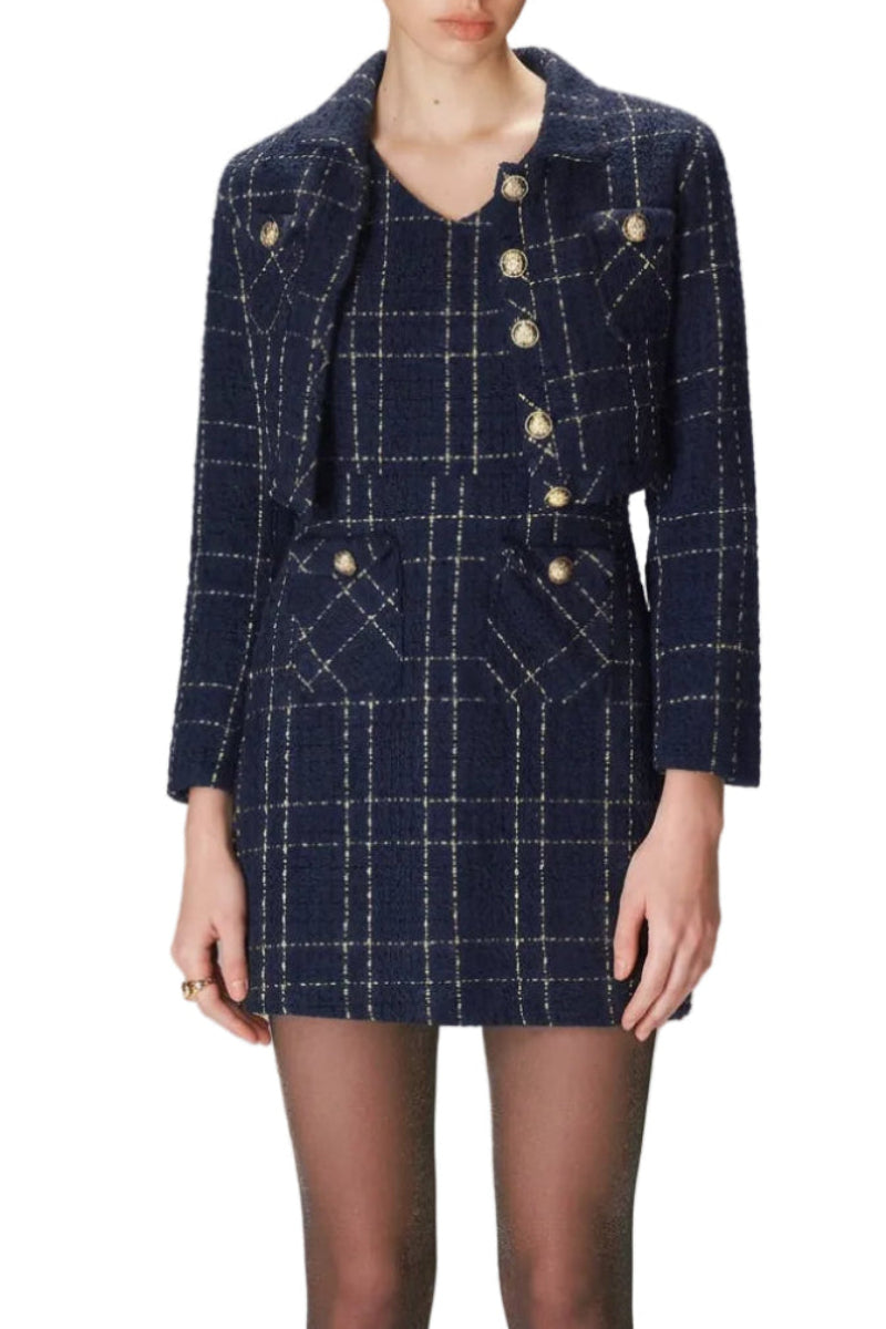 Women's Tailored Tweed Two-Piece Set – Cropped Button Front Blazer and Fitted Mini Dress for Elegant Autumn and Winter Occasions