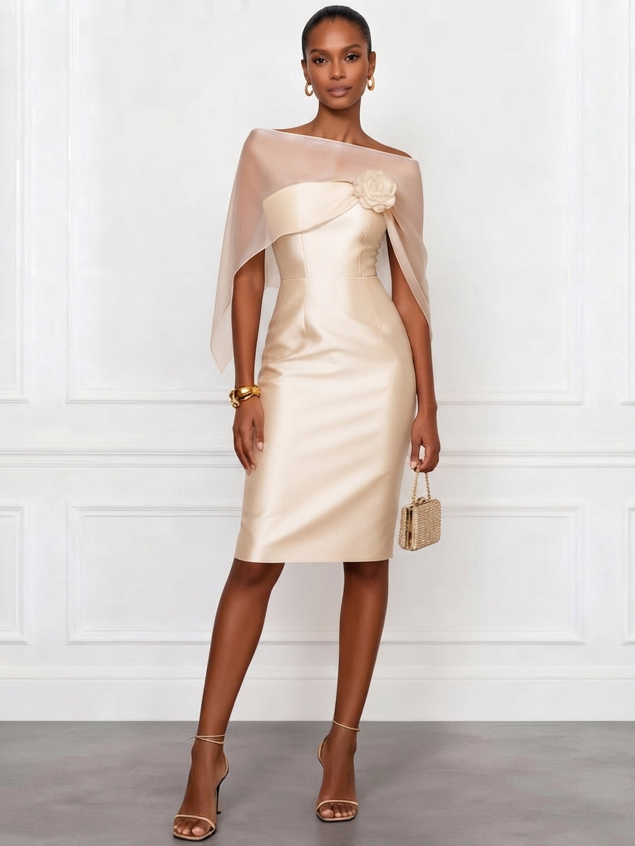 Elena - Apricot mesh shawl satin fitted midi dress