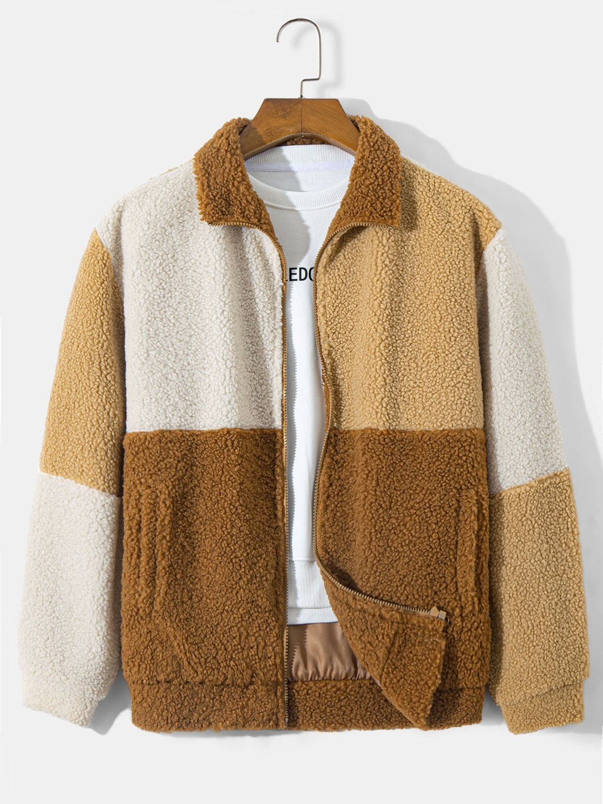 Men's Colour Block Teddy Fleece Jacket – Soft Zip-Up Borg Outerwear with Stand Collar and Relaxed Fit for Autumn and Winter