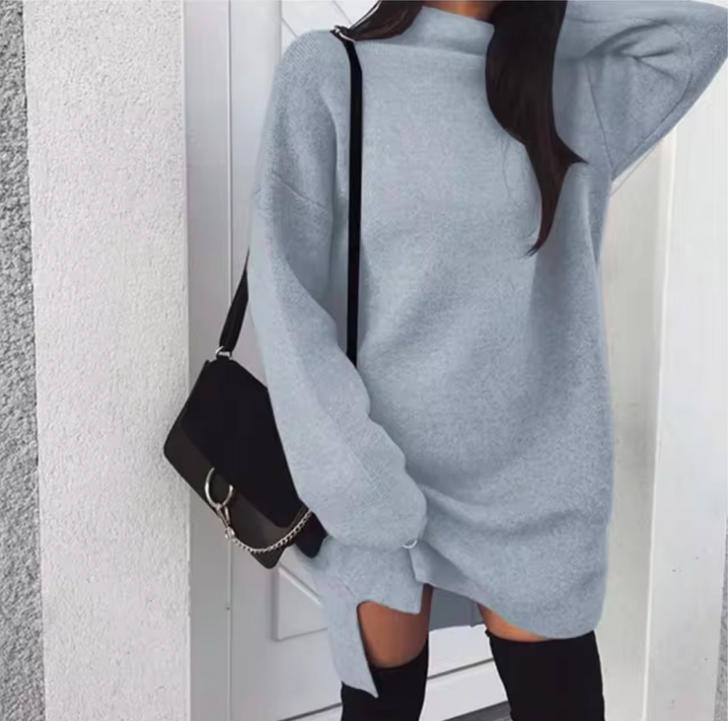 Women's Wool and Cashmere Blend Oversized Sweater Dress – Soft Long Sleeve High Neck Knitted Mini Dress for Autumn and Winter