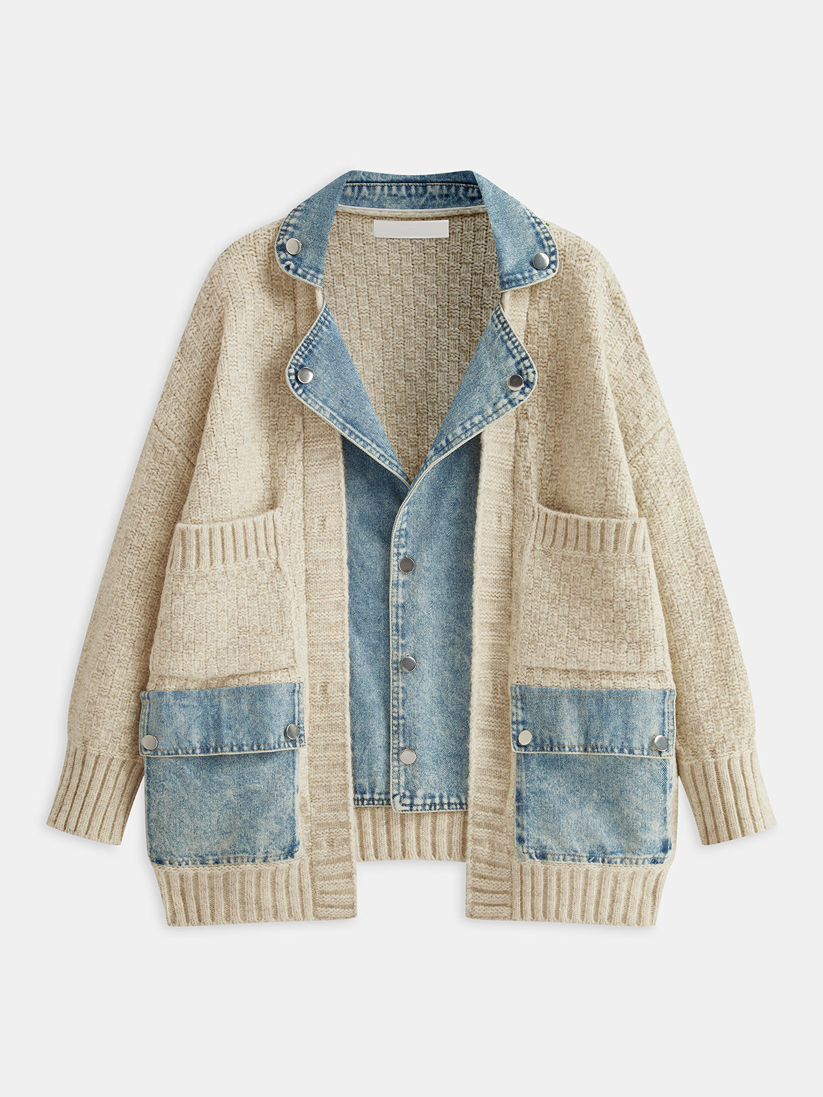 Women’s Oversized Textured Knit Cardigan with Denim Panels and Snap Buttons – Relaxed Long Sleeve Layer for Autumn and Winter