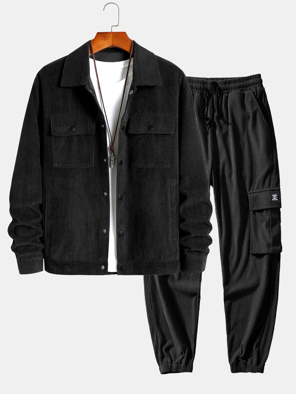 Men's Corduroy Utility Jacket and Cargo Jogger Set – Relaxed Button-Up Two-Piece Outfit for Autumn and Casual Streetwear