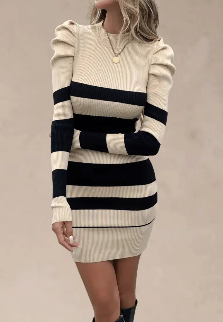 Women's Fitted Ribbed Knit Mini Sweater Dress – Long Sleeve Puff Shoulder Round Neck Bodycon Dress for Autumn and Winter