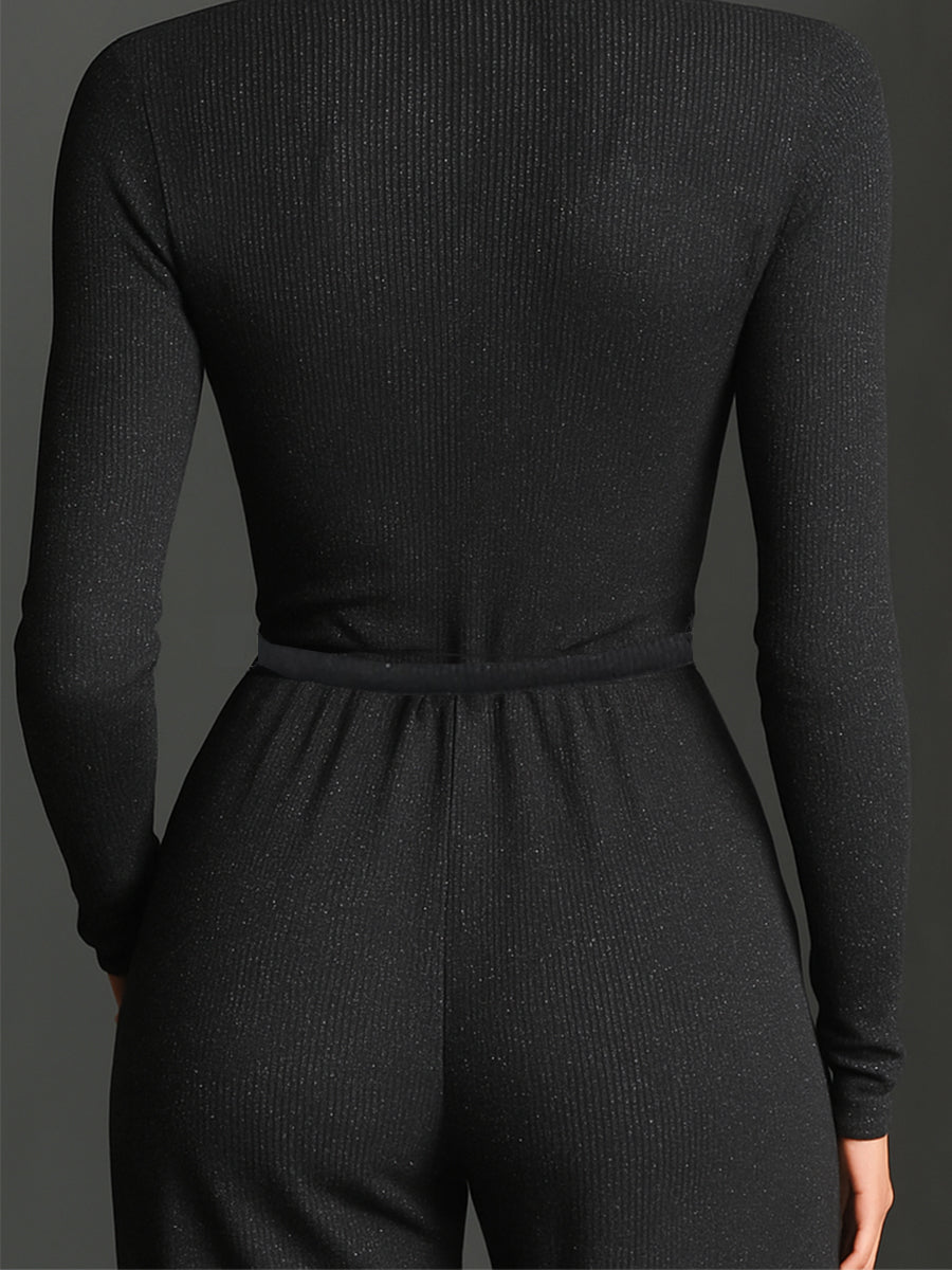 Women's Zip-Front Wide-Leg Jumpsuit with High Collar and Tie Waist – Elegant Long-Sleeve Style for Evening and Occasion Wear