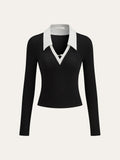 Women's Elegant Collared Ribbed Knit Top with V Neck Detail – Slim Fit Long Sleeve Style for Office and Smart Casual Wear