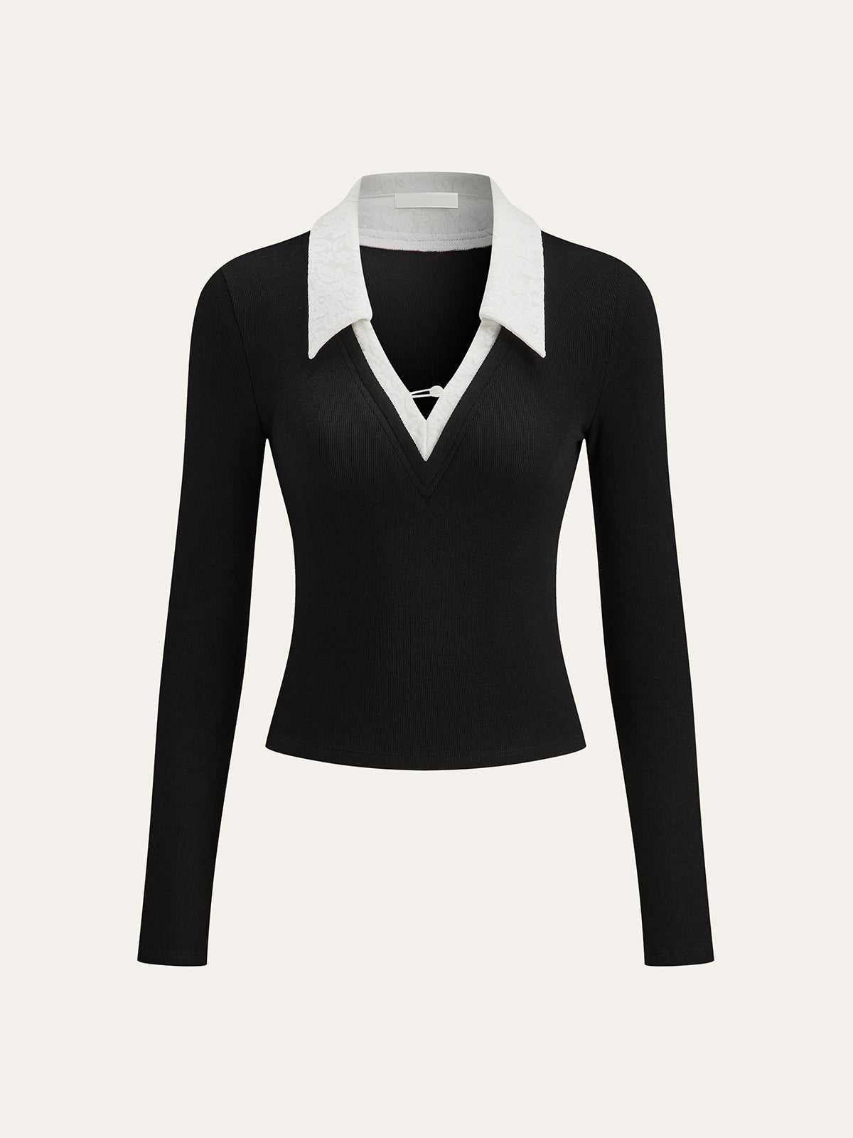 Women's Elegant Collared Ribbed Knit Top with V Neck Detail – Slim Fit Long Sleeve Style for Office and Smart Casual Wear