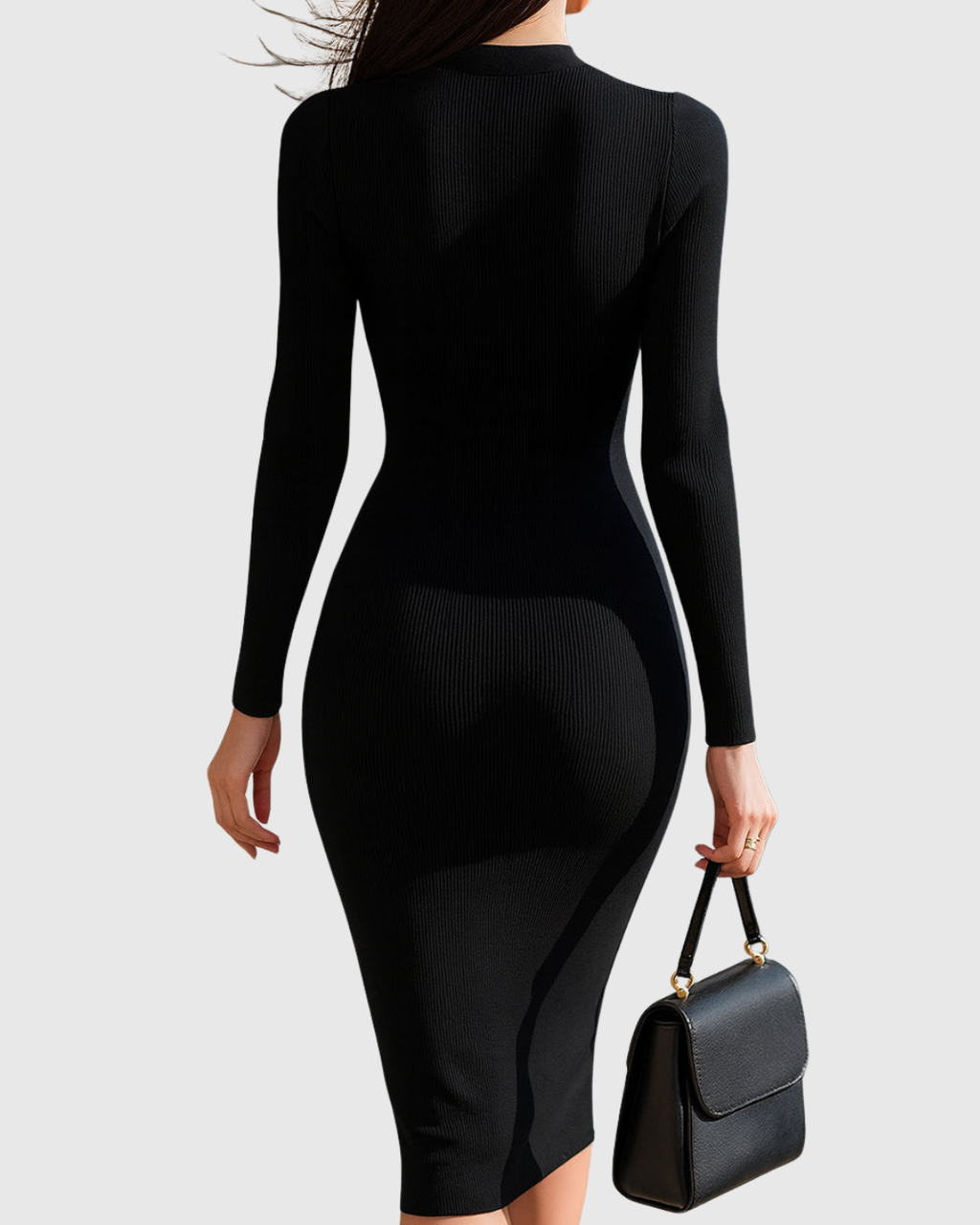 Women's Elegant Ribbed Knit Midi Dress – Fitted Long Sleeve Front Zip Bodycon Dress with Decorative Pocket Details for Smart Casual and Evening Wear