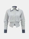 Women’s Cropped Fine Knit Cardigan with Contrast Shirt Collar and Button Front – Elegant Smart Casual Layer for Office Wear