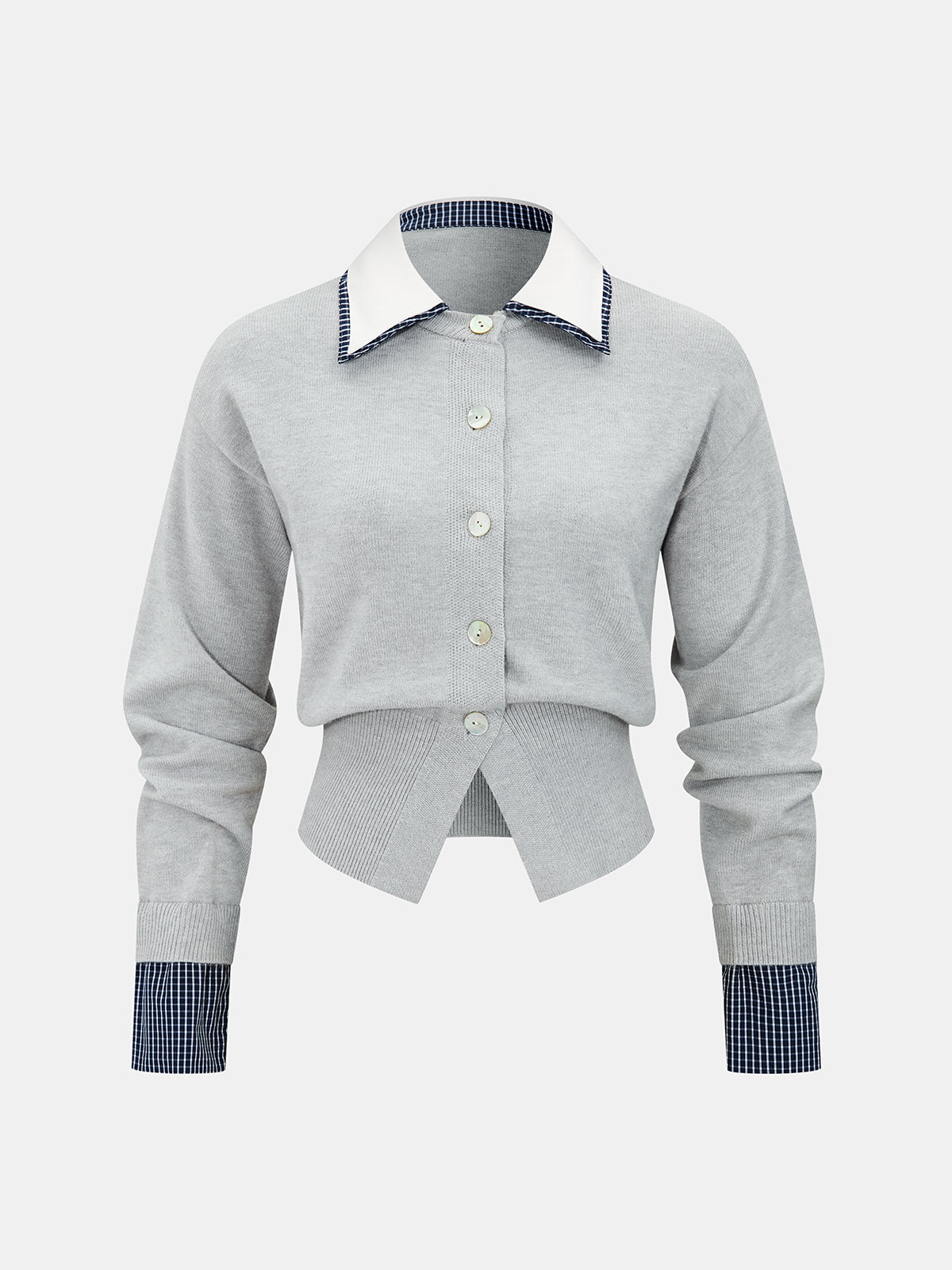 Women’s Cropped Fine Knit Cardigan with Contrast Shirt Collar and Button Front – Elegant Smart Casual Layer for Office Wear