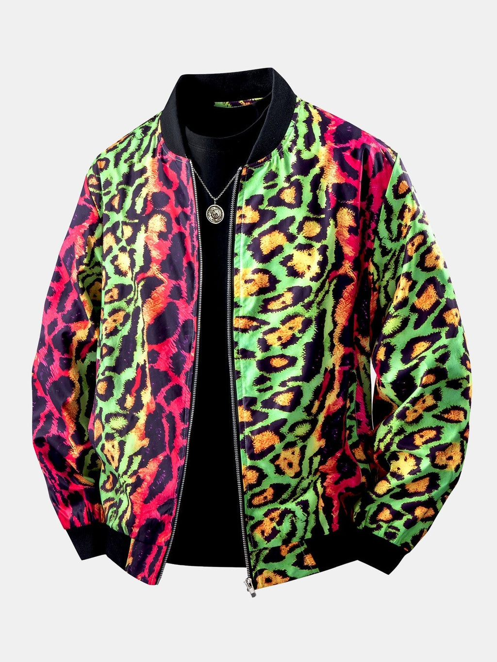 Men's Colourful Leopard Print Bomber Jacket – Bold Animal Print Zip-Up Outerwear with Ribbed Trims for Casual Streetwear