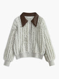 Women's Fluffy Knit Button Front Cardigan – Soft Textured Long Sleeve Cropped Cardigan with Contrast PU Collar for Autumn and Winter