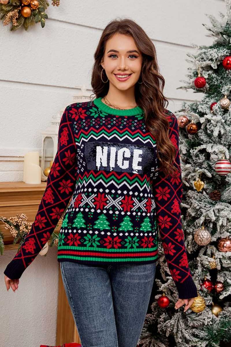 Sequined Embroidered Christmas Jacquard Knitted Knit Sweater