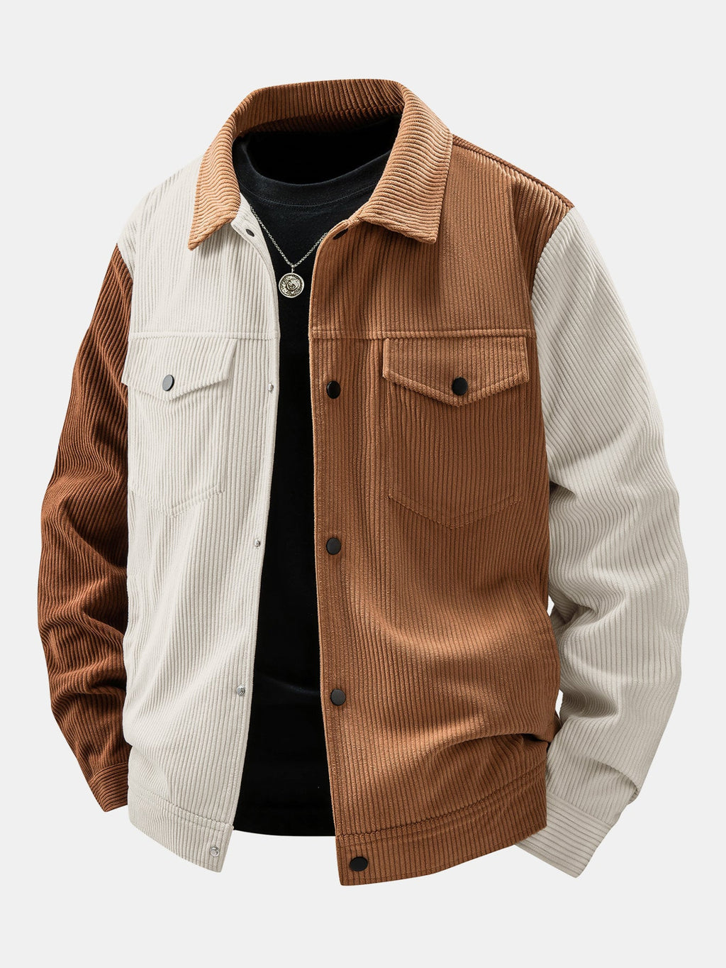 Men's Colourblock Corduroy Utility Jacket – Relaxed Snap-Button Overshirt with Chest Pockets for Autumn and Casual Streetwear