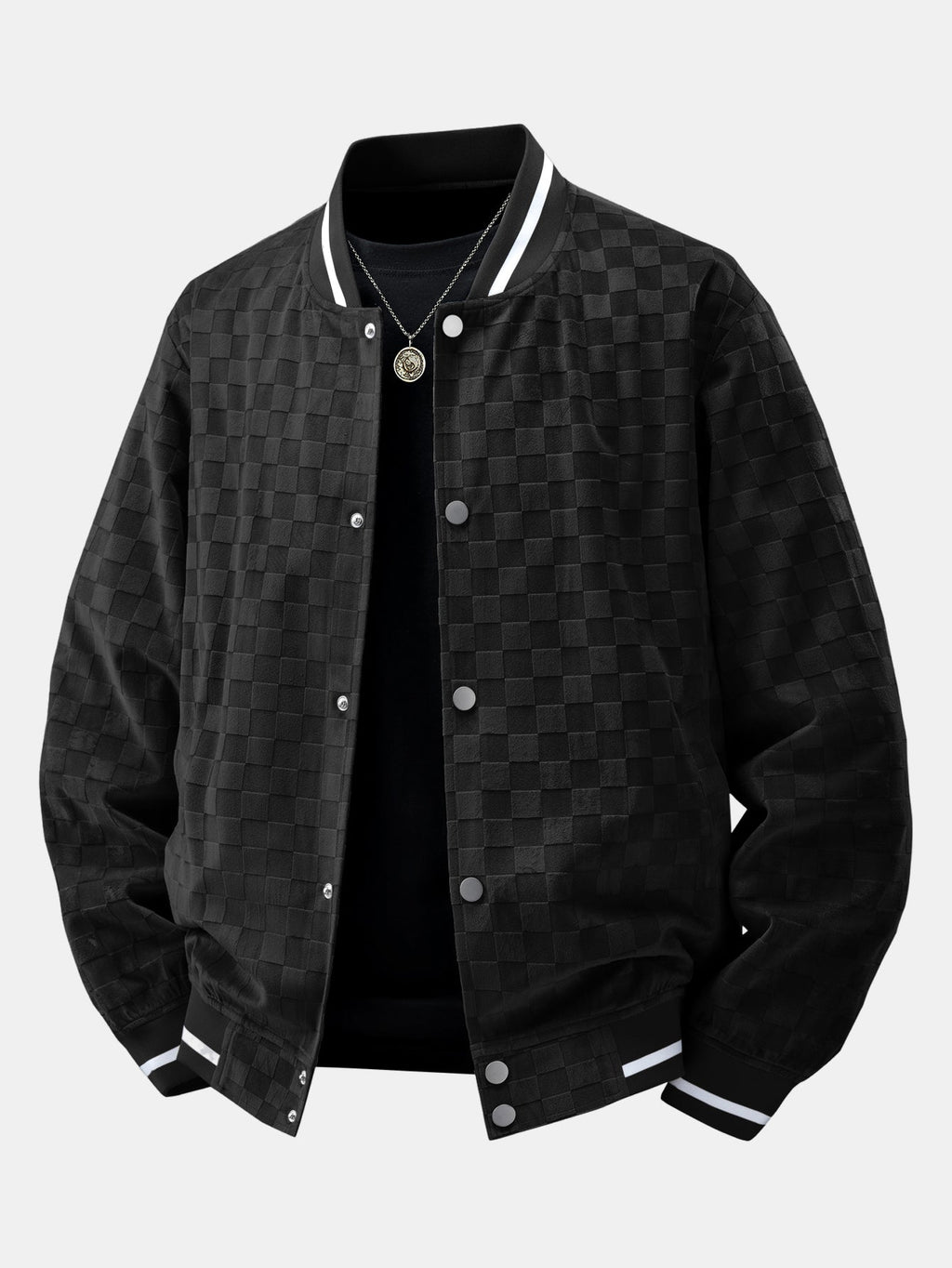 Men's Checkerboard Faux Suede Varsity Bomber Jacket – Relaxed Snap-Button Baseball Style Outerwear for Casual Streetwear
