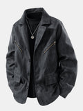 Men's Vintage Textured Faux Leather Jacket – Relaxed Notch Collar Button-Up Outerwear with Zipped Chest Pockets for Smart Casual Wear