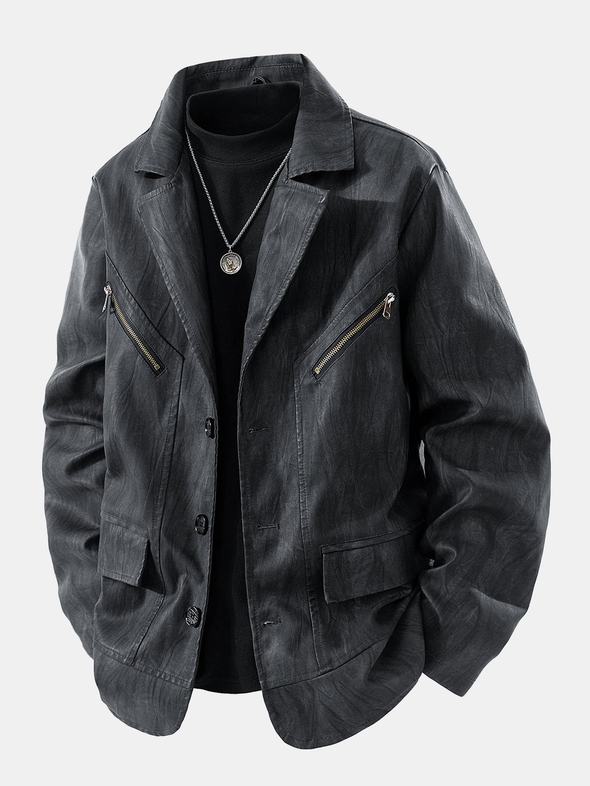 Men's Vintage Textured Faux Leather Jacket – Relaxed Notch Collar Button-Up Outerwear with Zipped Chest Pockets for Smart Casual Wear