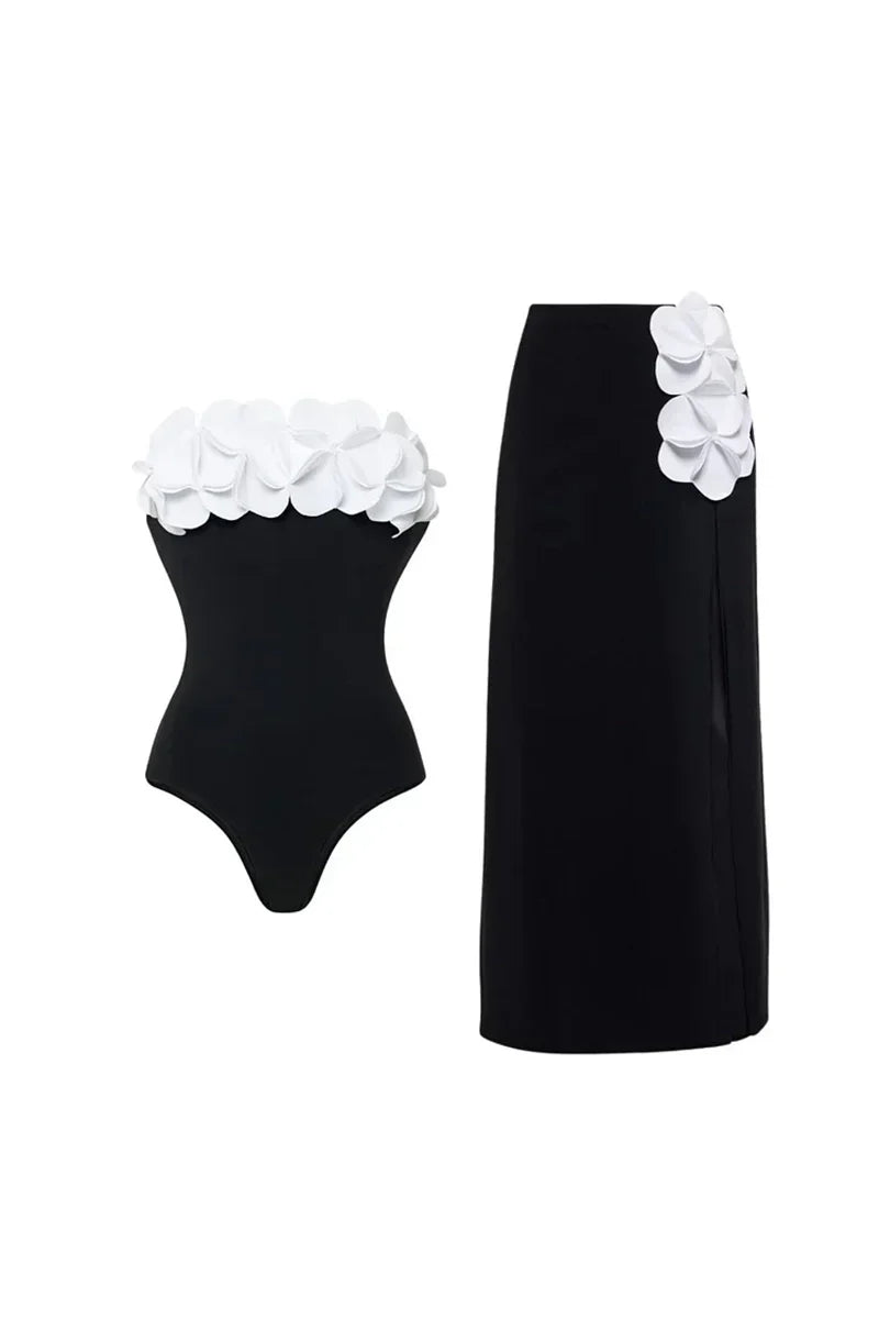 3D Flower Strapless Black Swimsuit