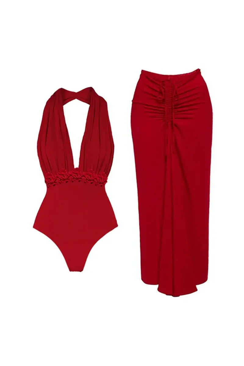Deep V Halter Solid One Piece Swimwear Set