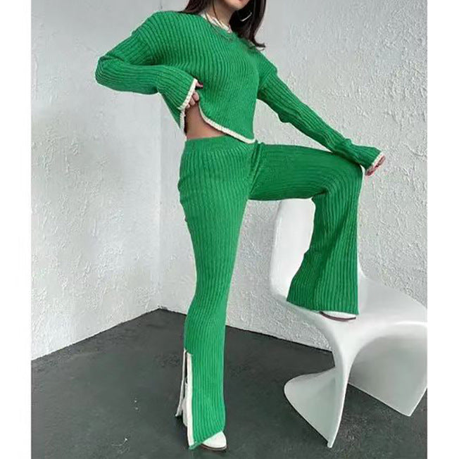 Women's Cropped Ribbed Knit Jumper and Flared Trousers Set – Relaxed Two-Piece Co-Ord for Autumn and Winter