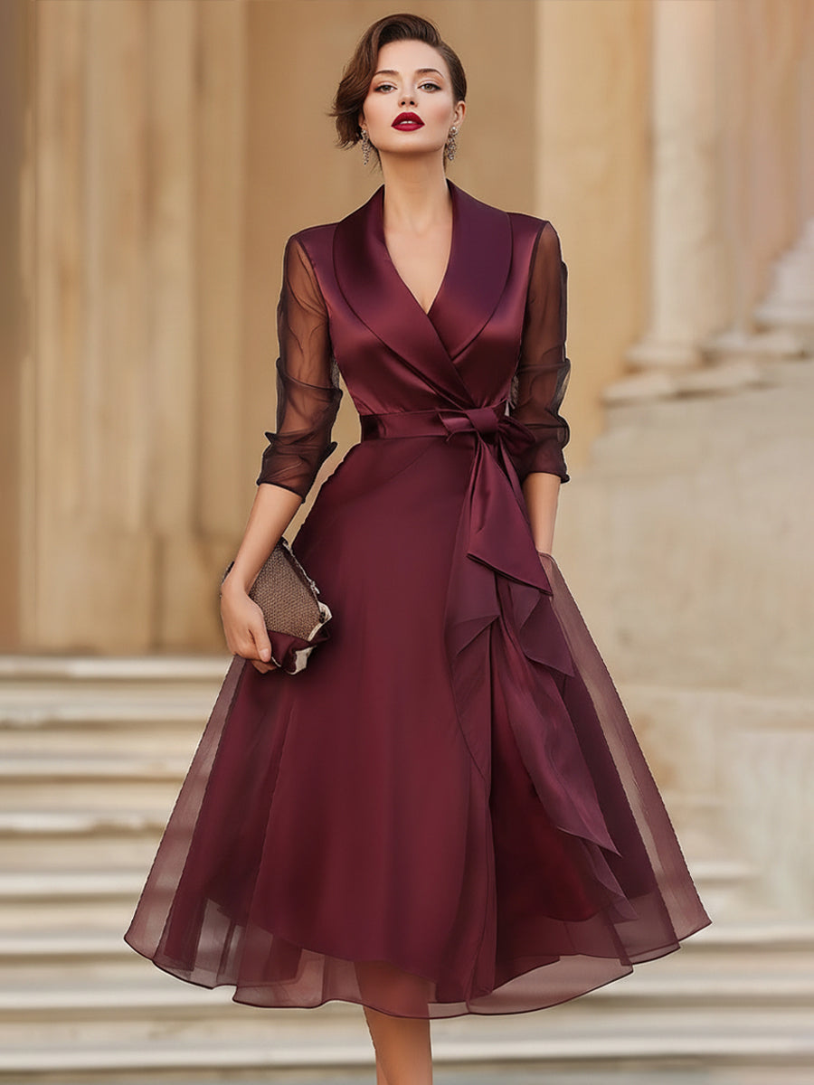 Veda | Elegant Long Sleeve Wrap Midi Dress With Sheer Sleeves