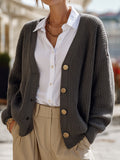 Women’s Textured V-Neck Knit Cardigan with Decorative Buttons – Relaxed Elegant Layer for Office and Smart Casual Wear
