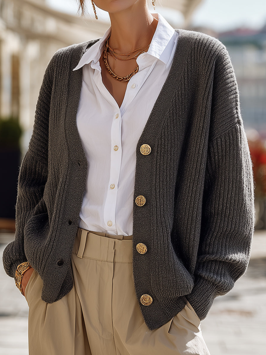 Women’s Textured V-Neck Knit Cardigan with Decorative Buttons – Relaxed Elegant Layer for Office and Smart Casual Wear