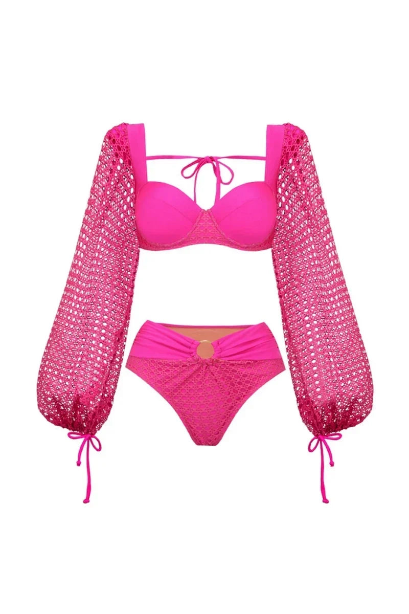 Fluorescent Pink Open-Back Swimwear Set
