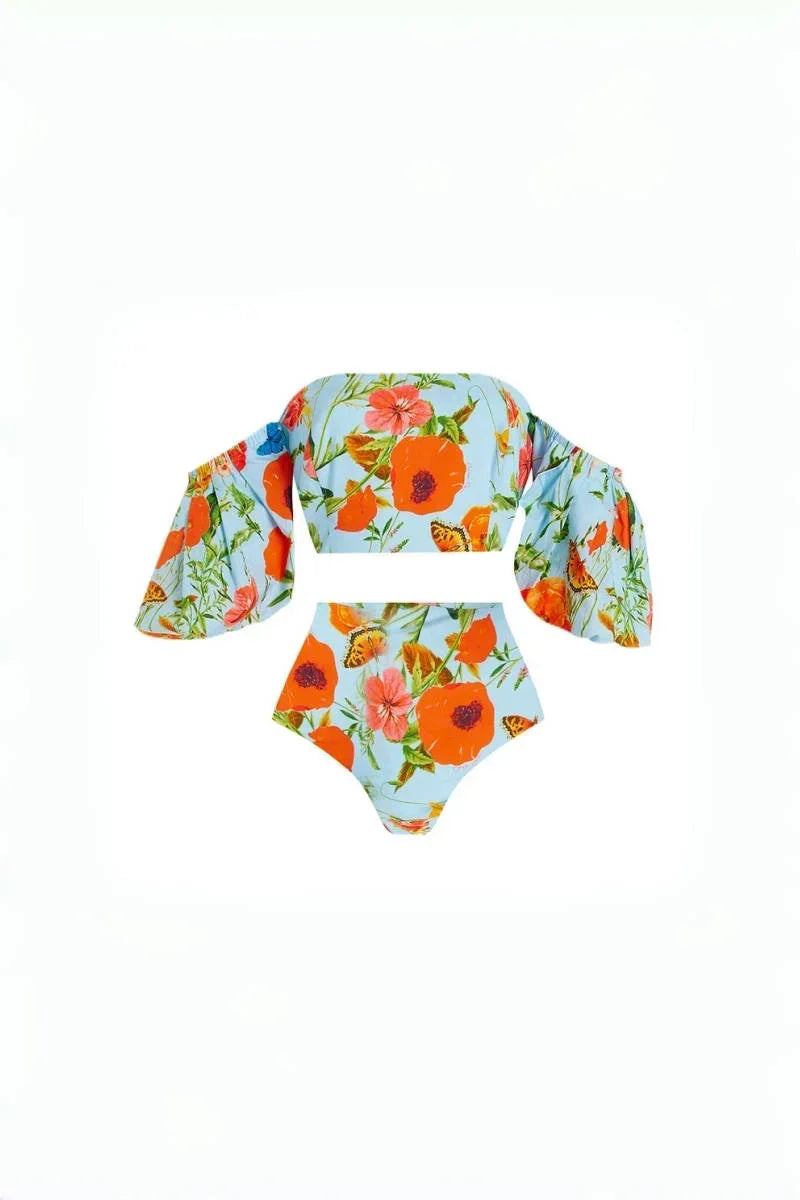 Flower Puff Sleeve High-Waisted Two-Piece Bikini