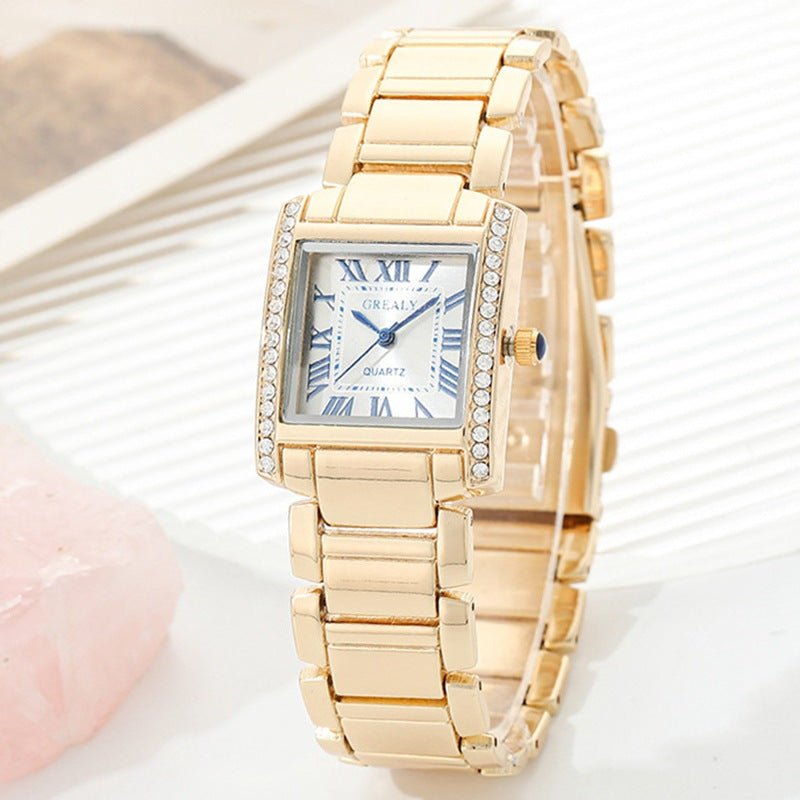 Rectangular Women's Watch with Roman Numerals and Crystal-Embellished Polished Metal Case