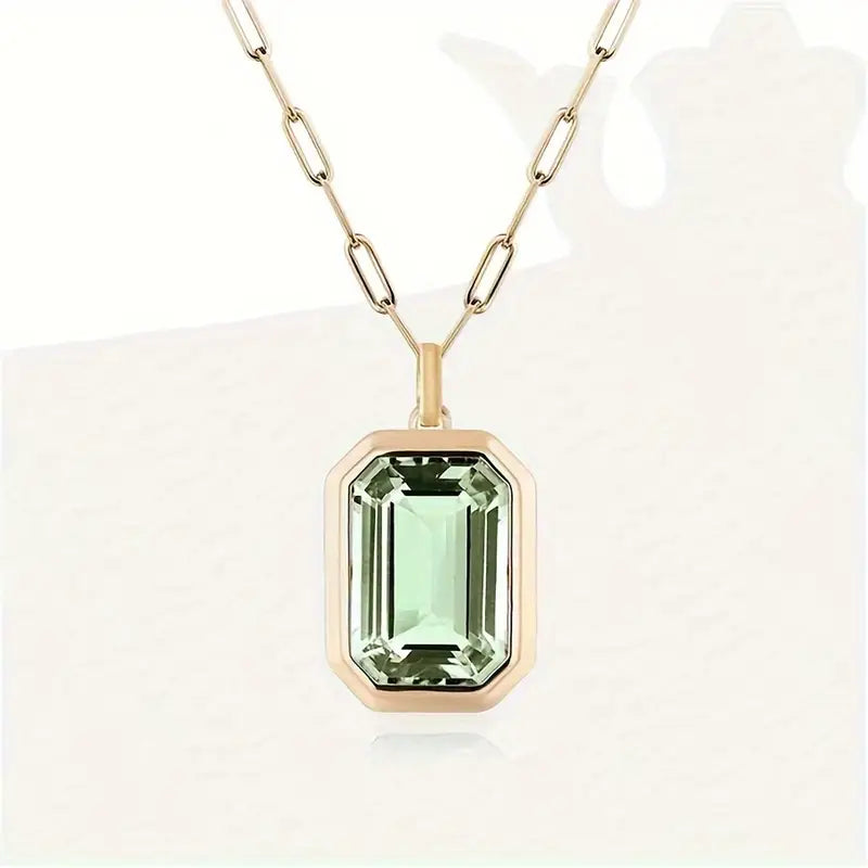 Gold Necklace with Rectangular Light Green Crystal Pendant - Dorelia