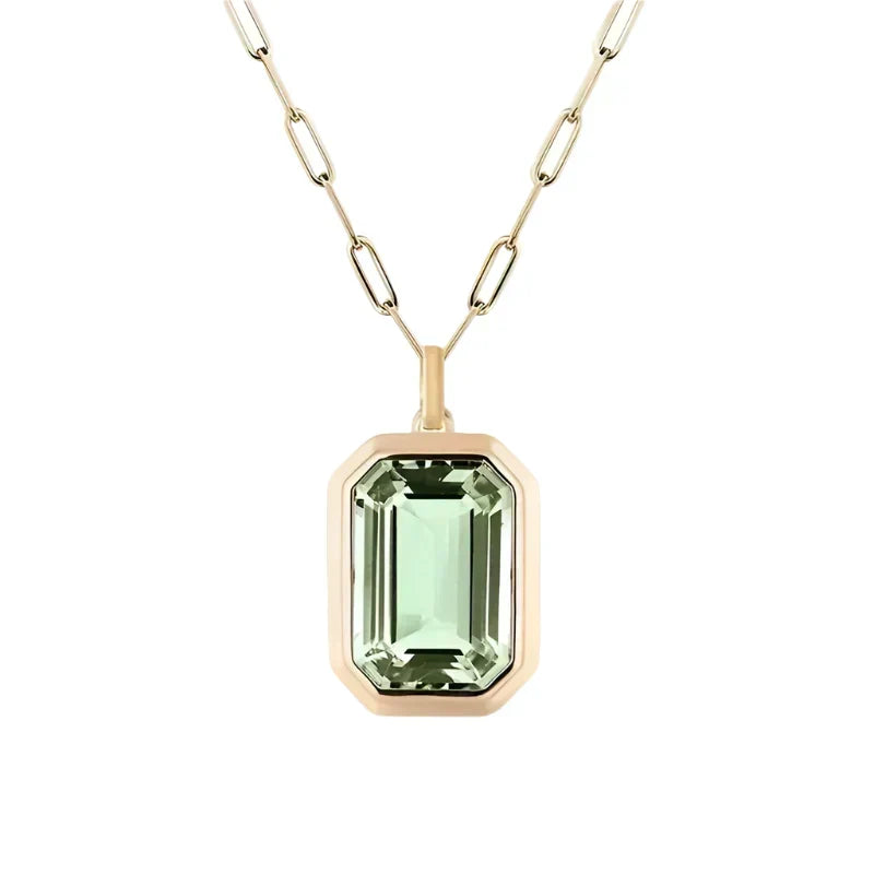 Gold Necklace with Rectangular Light Green Crystal Pendant - Dorelia