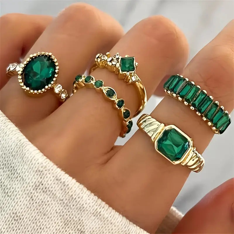 Gold Ring Set with Emerald-Cut Stones - Jade