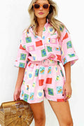 Coordinated Short Set Pink Stamp Print