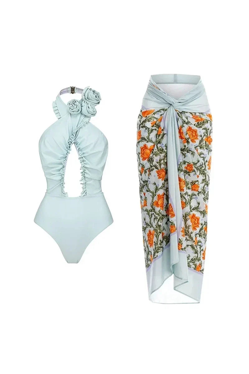Halter Open-Back Swimsuit with 3D Flower Set